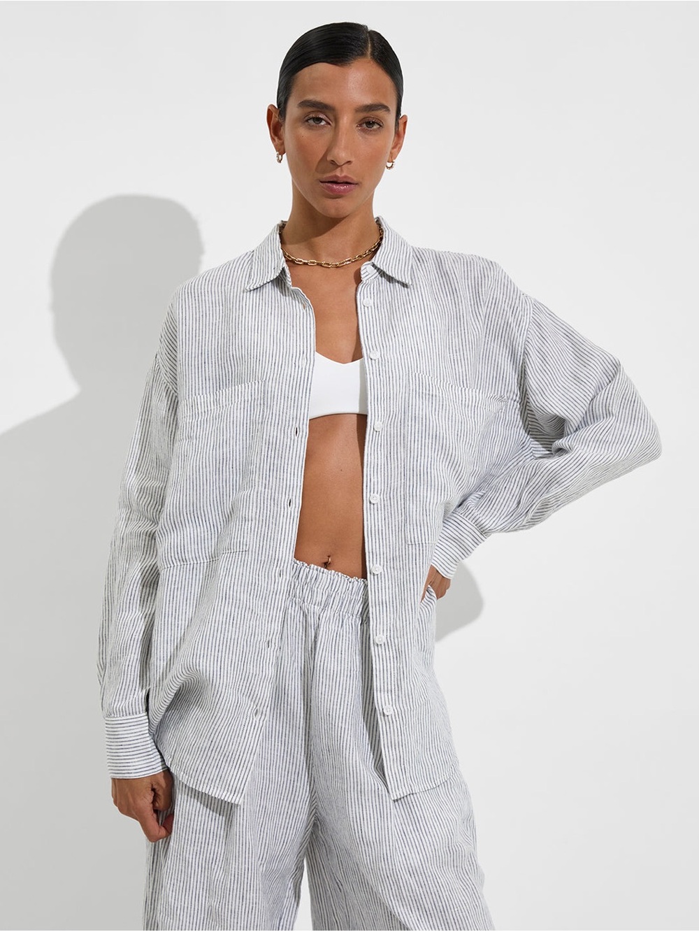 NEW Left on Friday Getaway Button Down Coastal Stripe Varsity / Coconut Size S/M
